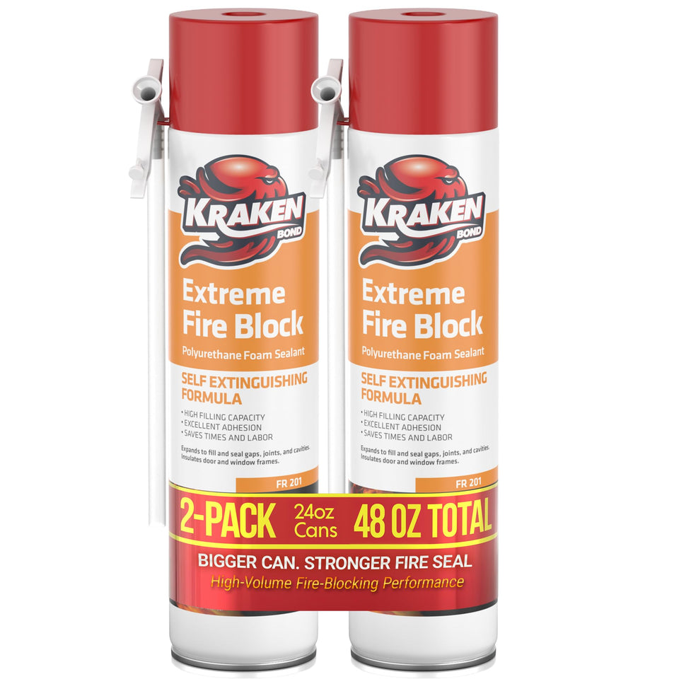 Kraken Bond Extreme Orange Fire Block Foam can for rapid gap filling and fire safety.