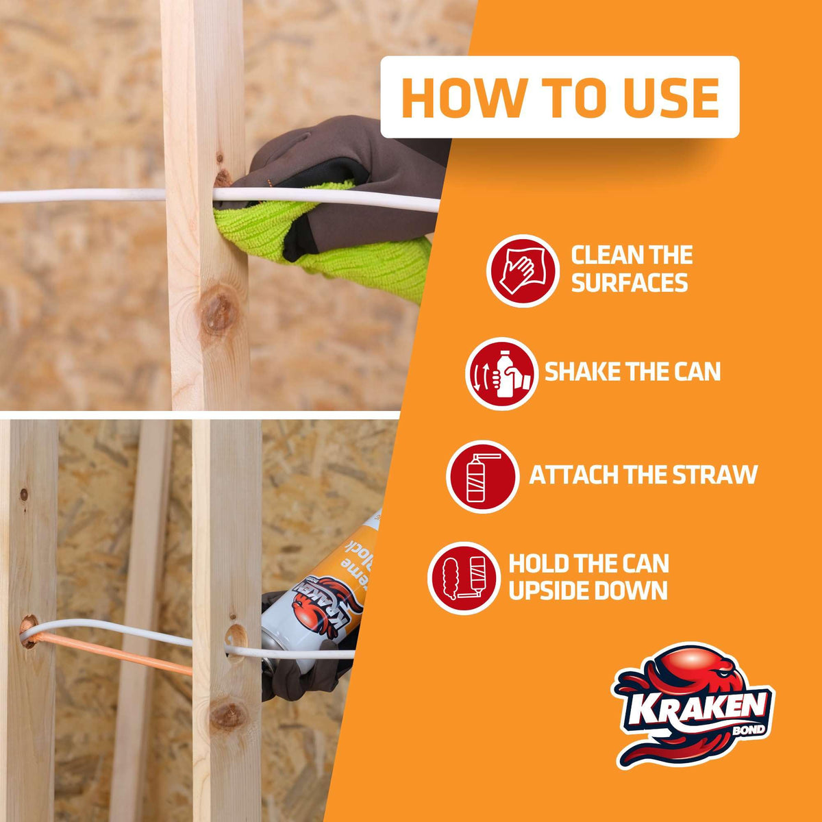 Kraken Bond Extreme Orange Fire Block Foam high expansion for wide gaps.