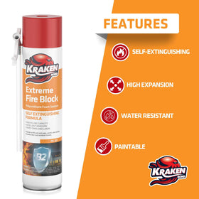 Kraken Bond Extreme Orange Fire Block Foam for pipe sealing and protection.