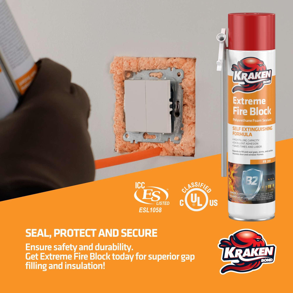 Kraken Bond Extreme Orange Fire Block Foam straw-application in tight spaces.