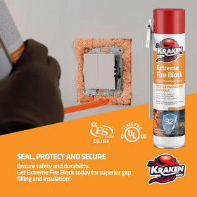 Kraken Bond Extreme Orange Fire Block Foam straw-application in tight spaces.