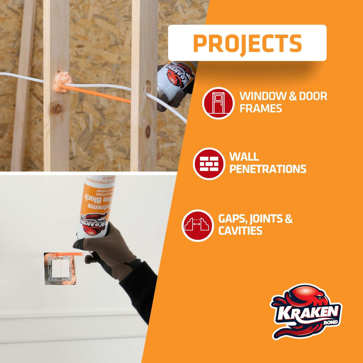 Kraken Bond Extreme Orange Fire Block Foam used for durable windows sealing and insulation.