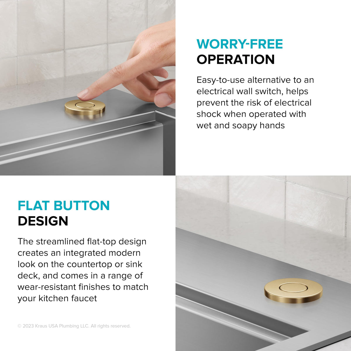 Kraus air switch button brushed brass close-up showing durable finish.