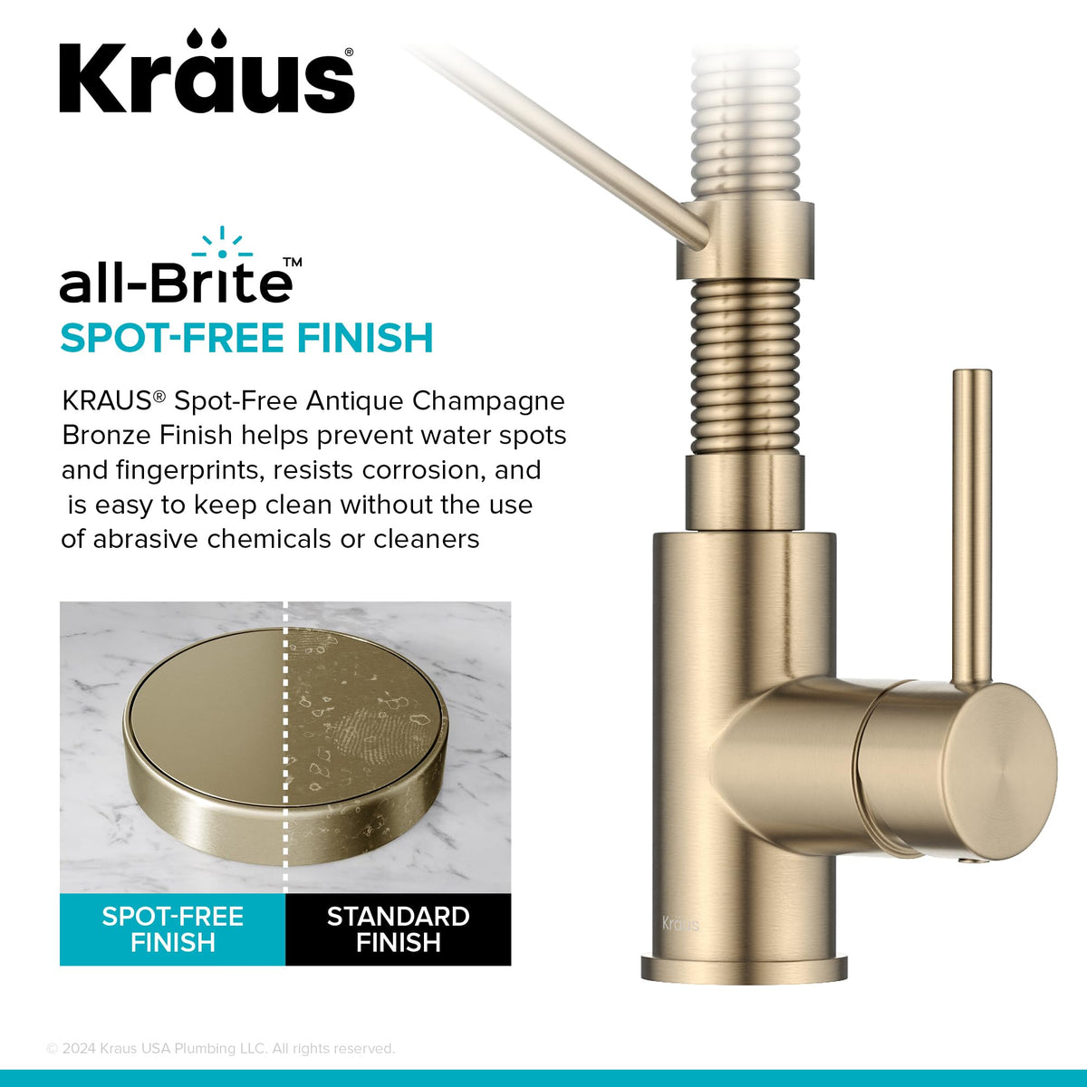 Kraus Bolden 180-degree swivel spout provides versatile access around cookware.