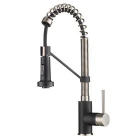 Kraus Bolden open-coil spout in stainless steel for wide sink access.
