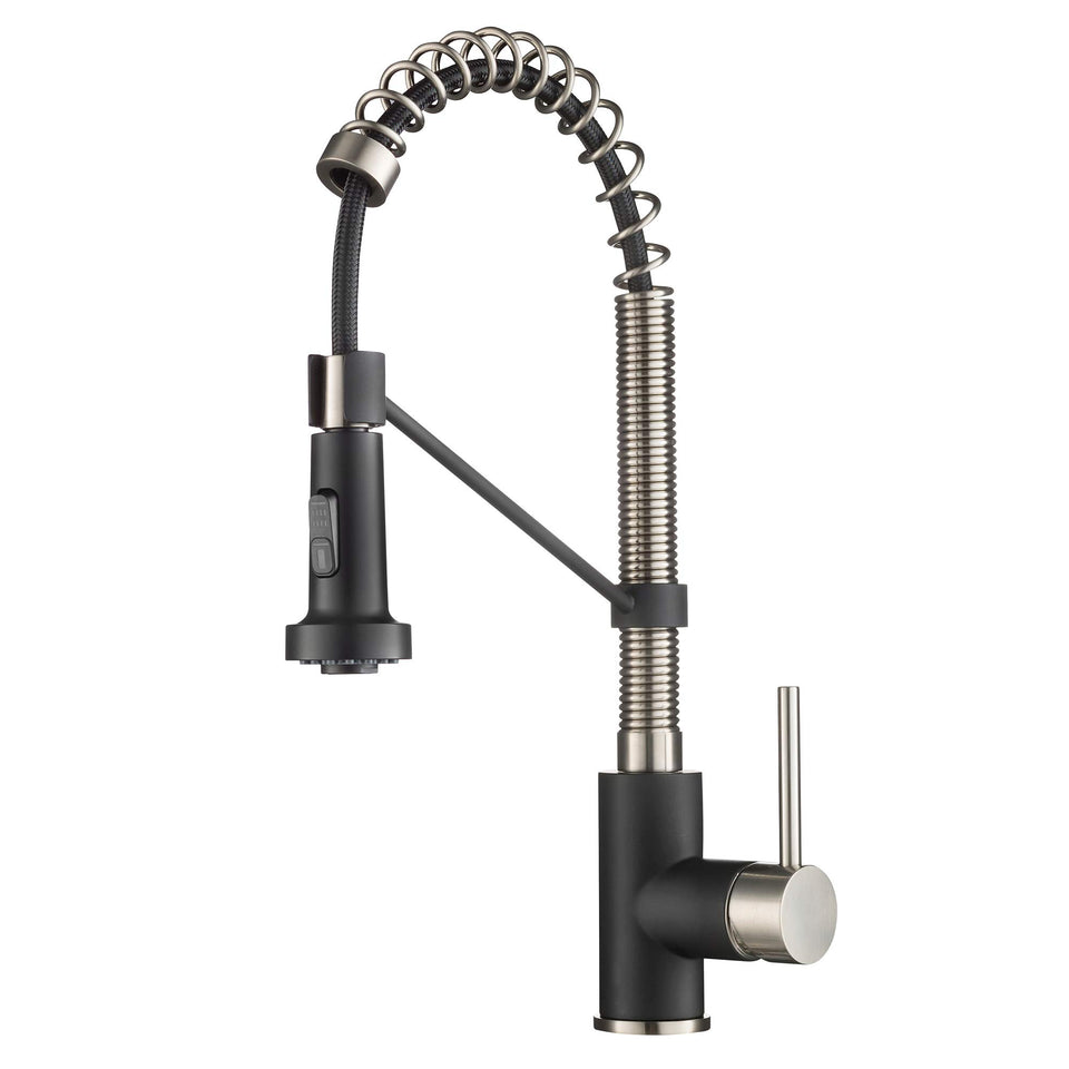 Kraus Bolden open-coil spout in stainless steel for wide sink access.