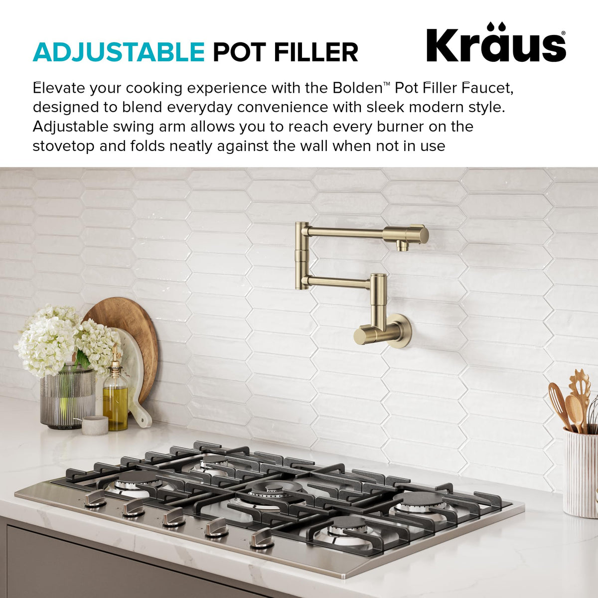 Kraus Bolden pot filler arm folded against the wall for compact storage.