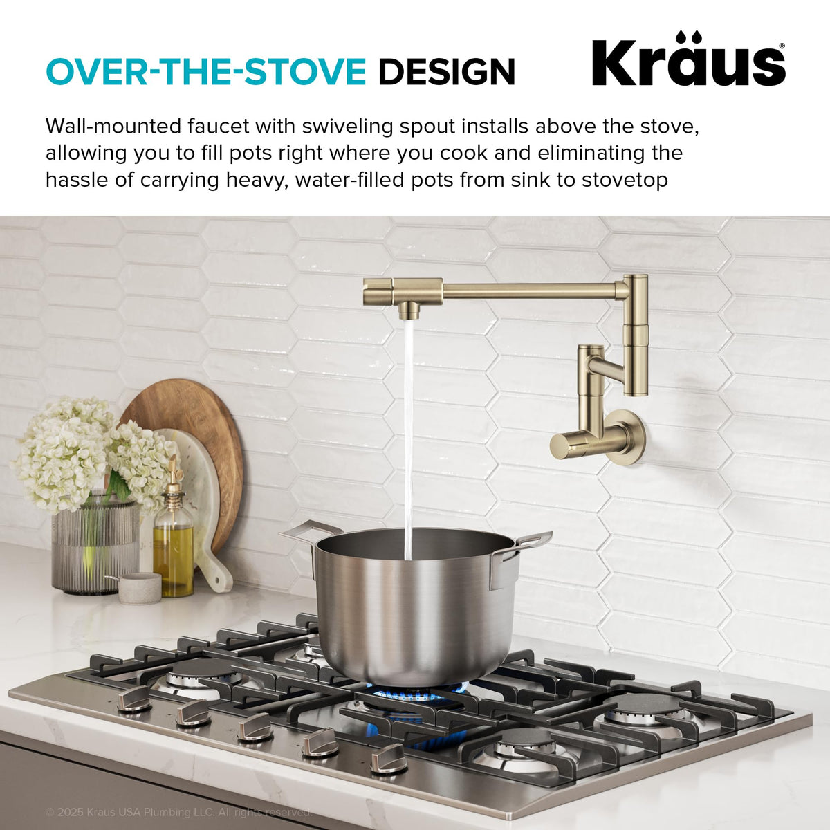 Kraus Bolden pot filler delivers 4 gpm flow for faster filling.
