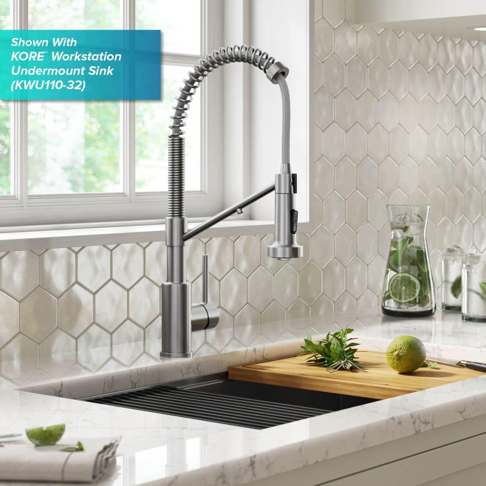 Kraus Bolden pull-down sprayer action for easy reach across the sink