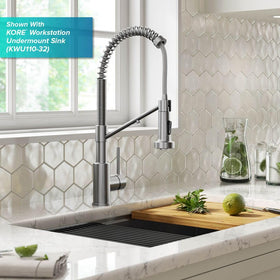 Kraus Bolden pull-down sprayer action for easy reach across the sink