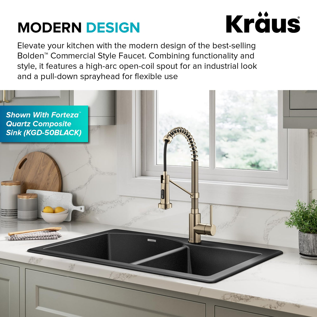 Kraus Bolden spot-free antique champagne bronze finish resists water spots and fingerprints.
