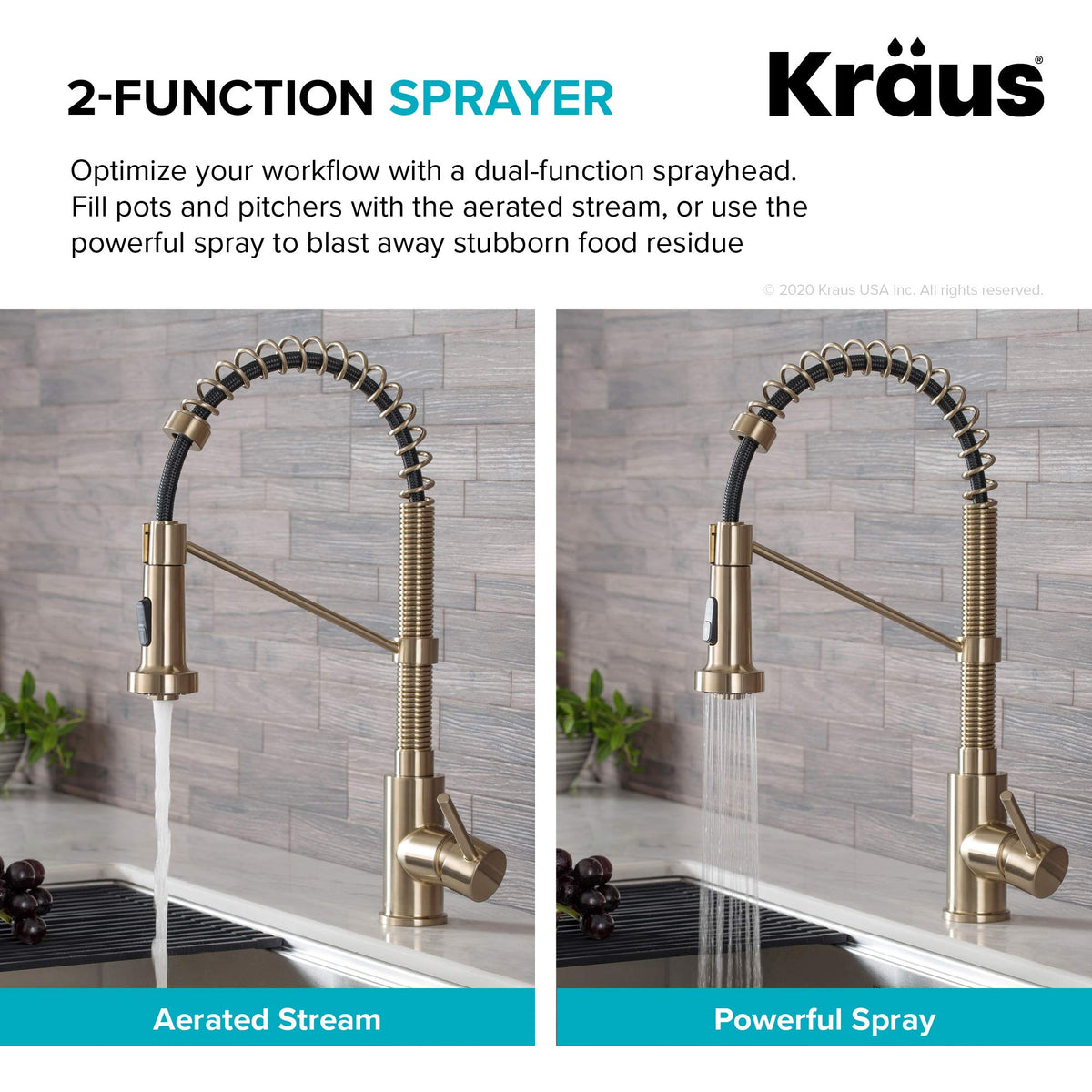 Kraus Bolden spray head with soft rubber nozzles wipes mineral buildup easily.