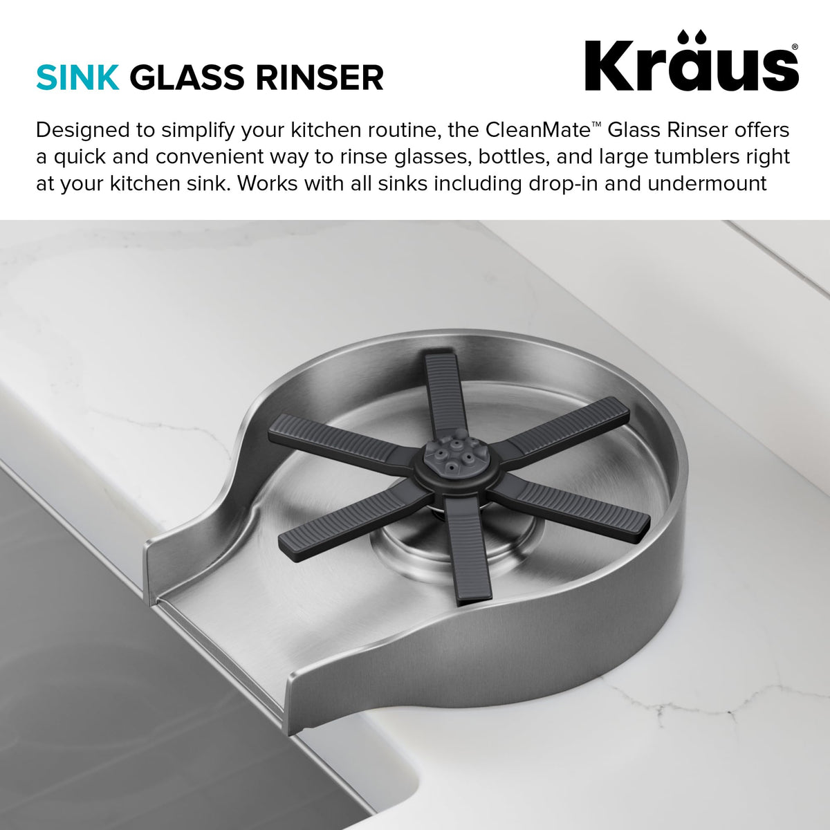 Kraus CleanMate glass rinser with a 5-inch opening fits diverse glassware.