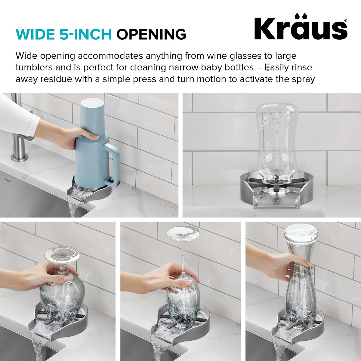 Kraus CleanMate glass rinser fits counters up to 2 1/4 inches thick for versatile installation.