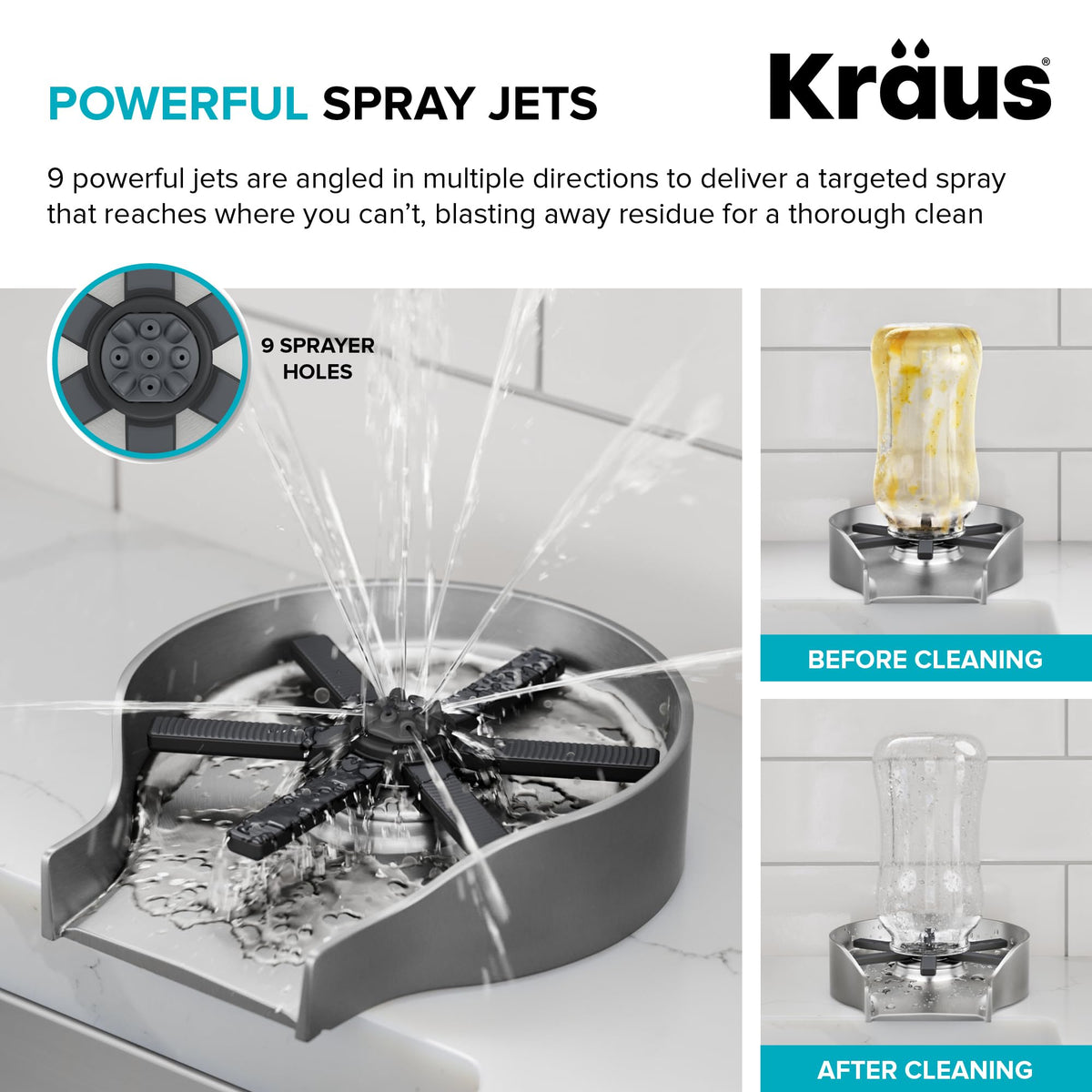 Kraus CleanMate glass rinser quick-connect water line for fast setup.