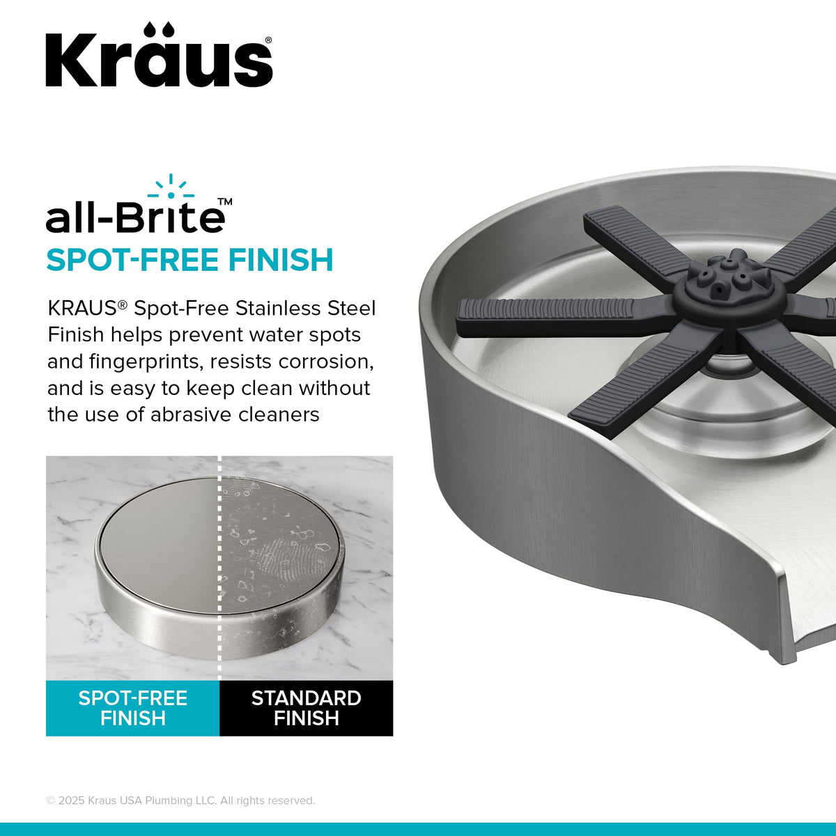 Kraus CleanMate glass rinser sloped design ensures smooth drainage back to sink.