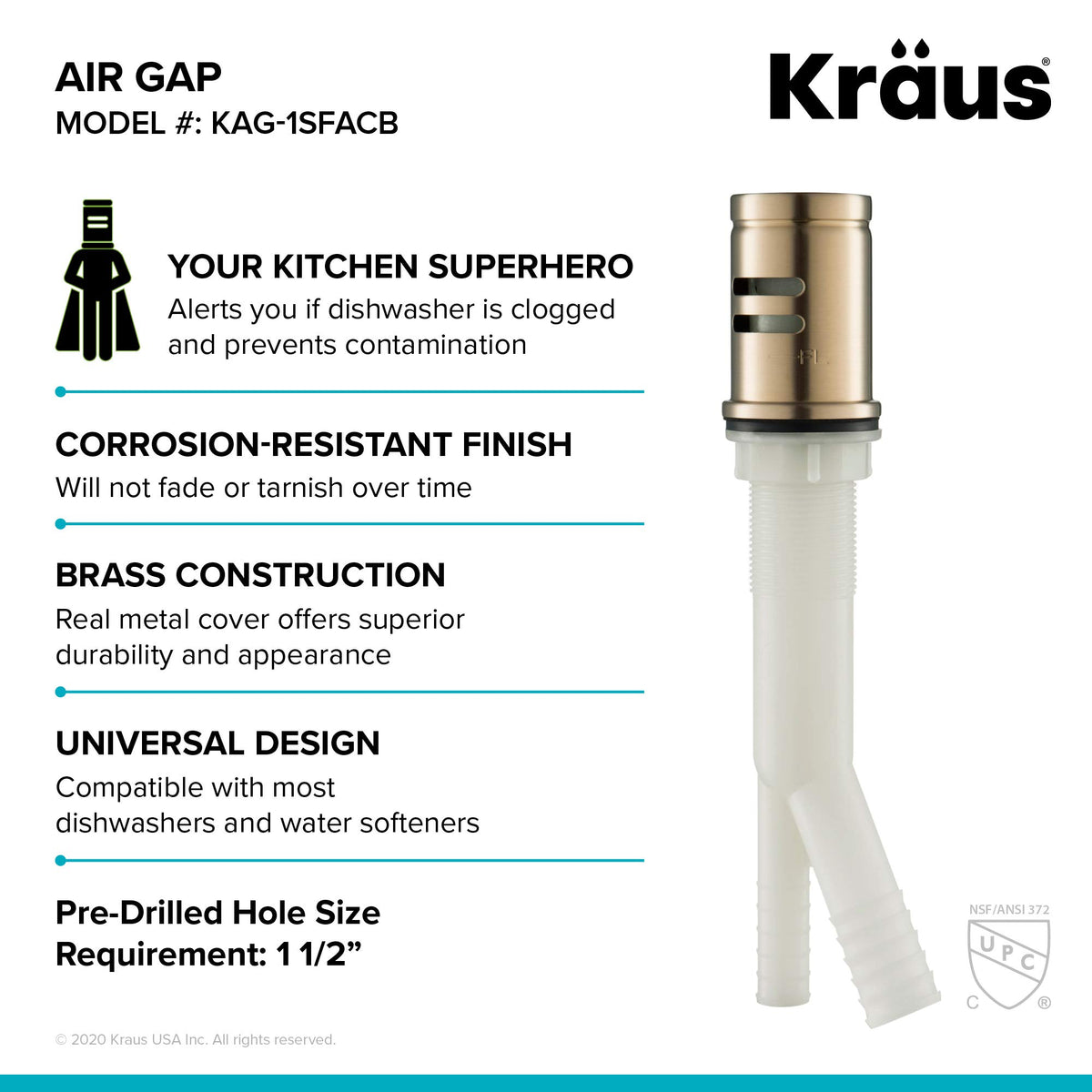 Kraus KAG-1SFACB universal design fits most dishwashers