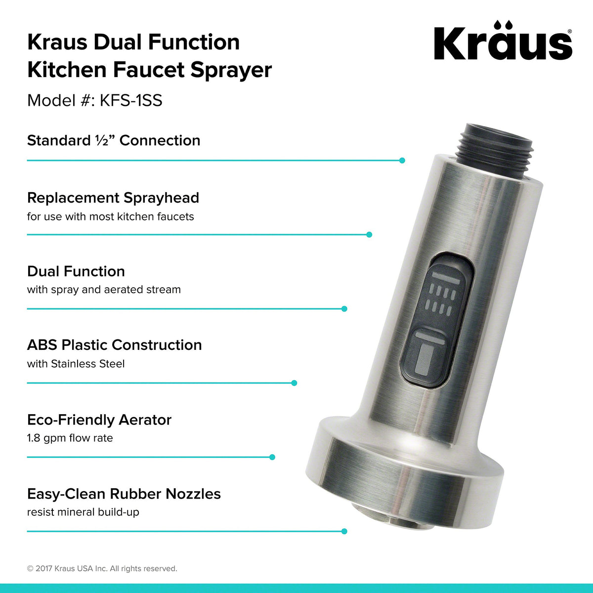 Kraus KFS-1SS aerated-stream mode provides a gentle rinse for produce
