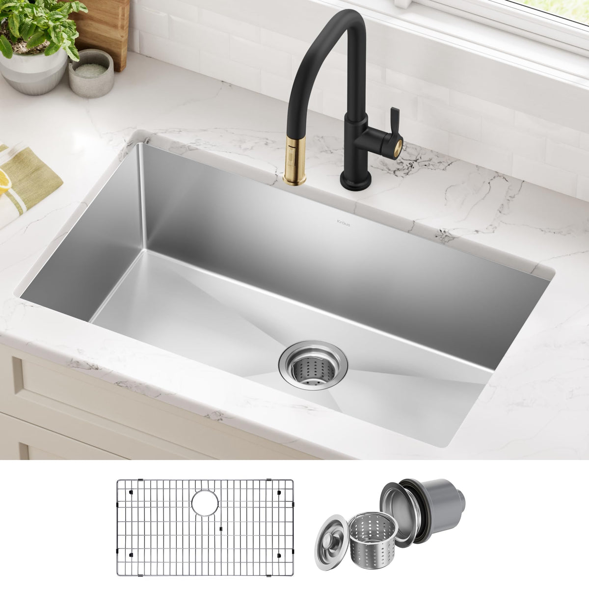 Kraus KHU100-32 bowl close-up, satin finish for easy cleaning