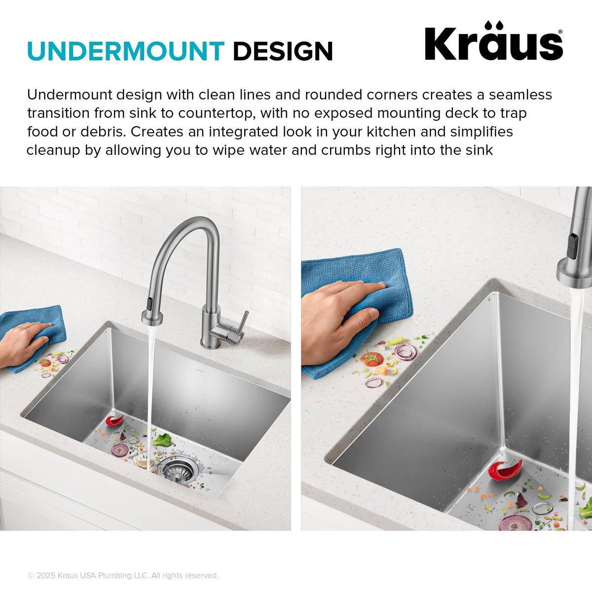Kraus undermount edge supports seamless cleanup between sink and counter.