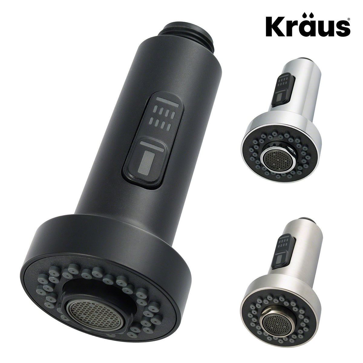 Kraus matte black sprayer mounted on faucet in modern kitchen.