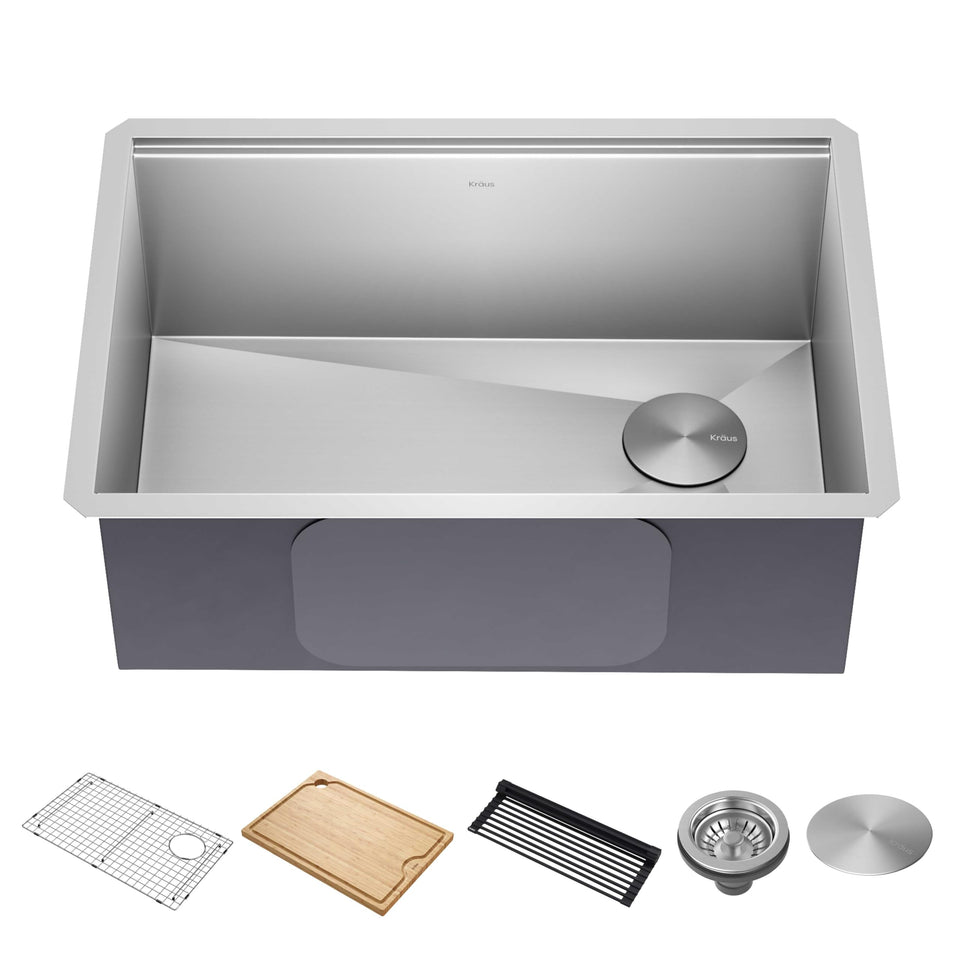 Kraus Kore workstation sink with ledge offers integrated accessory space for efficient meal prep