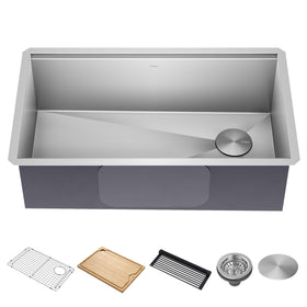 Kraus Kore 32-inch workstation sink with integrated ledge for quick accessory access.