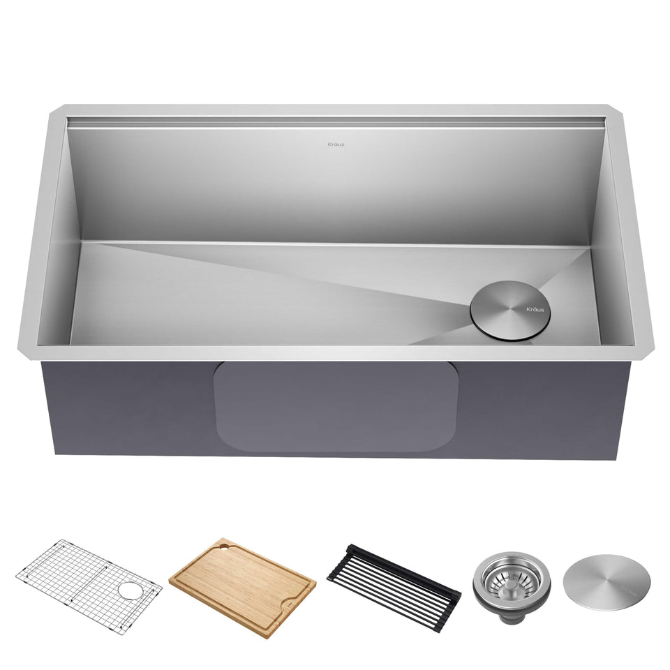 Kraus Kore 32-inch workstation sink with integrated ledge for quick accessory access.