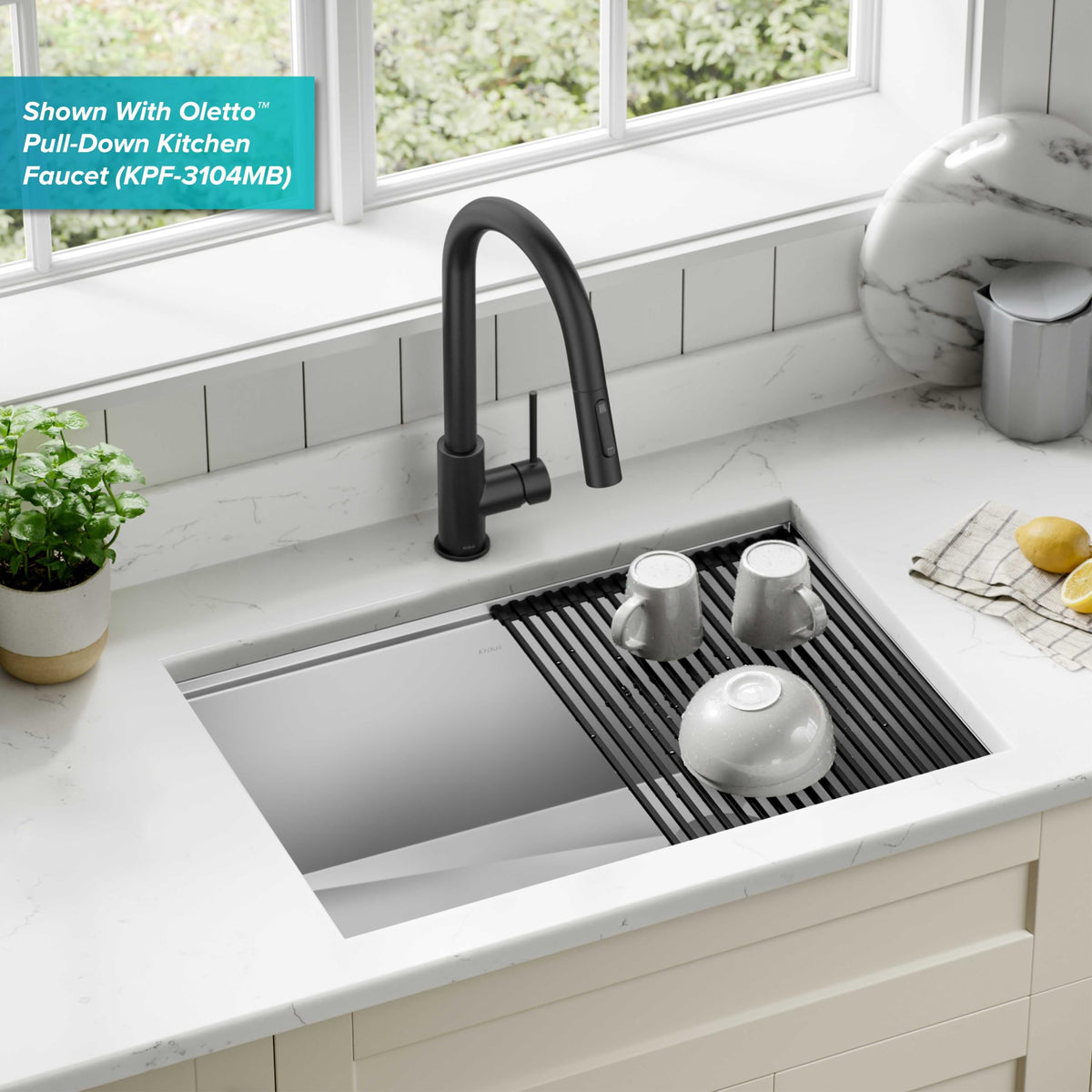 Kraus Kore cutting board over the sink enables hands free prep over a durable surface