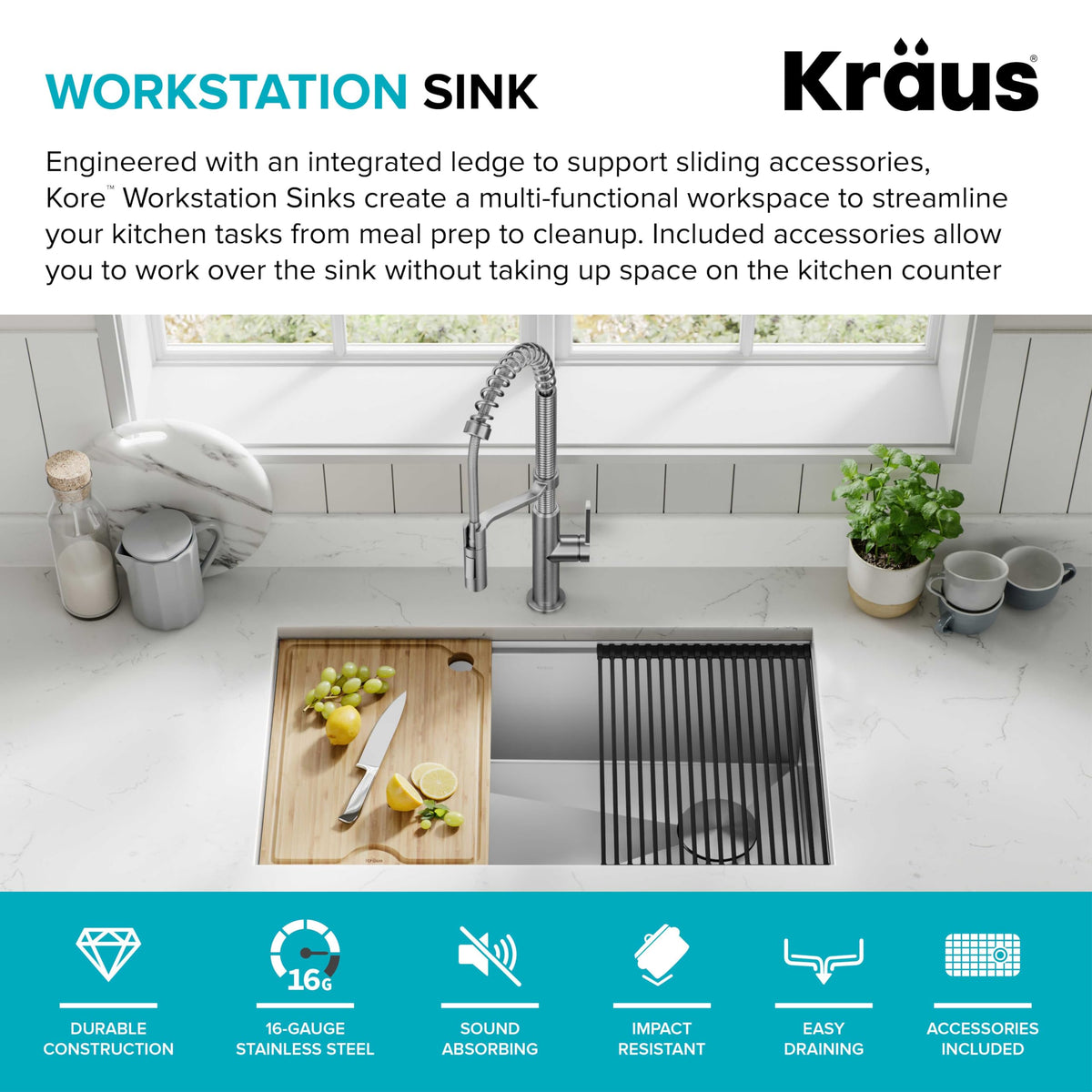 Kraus Kore roll-up dish rack drying dishes over the basin.