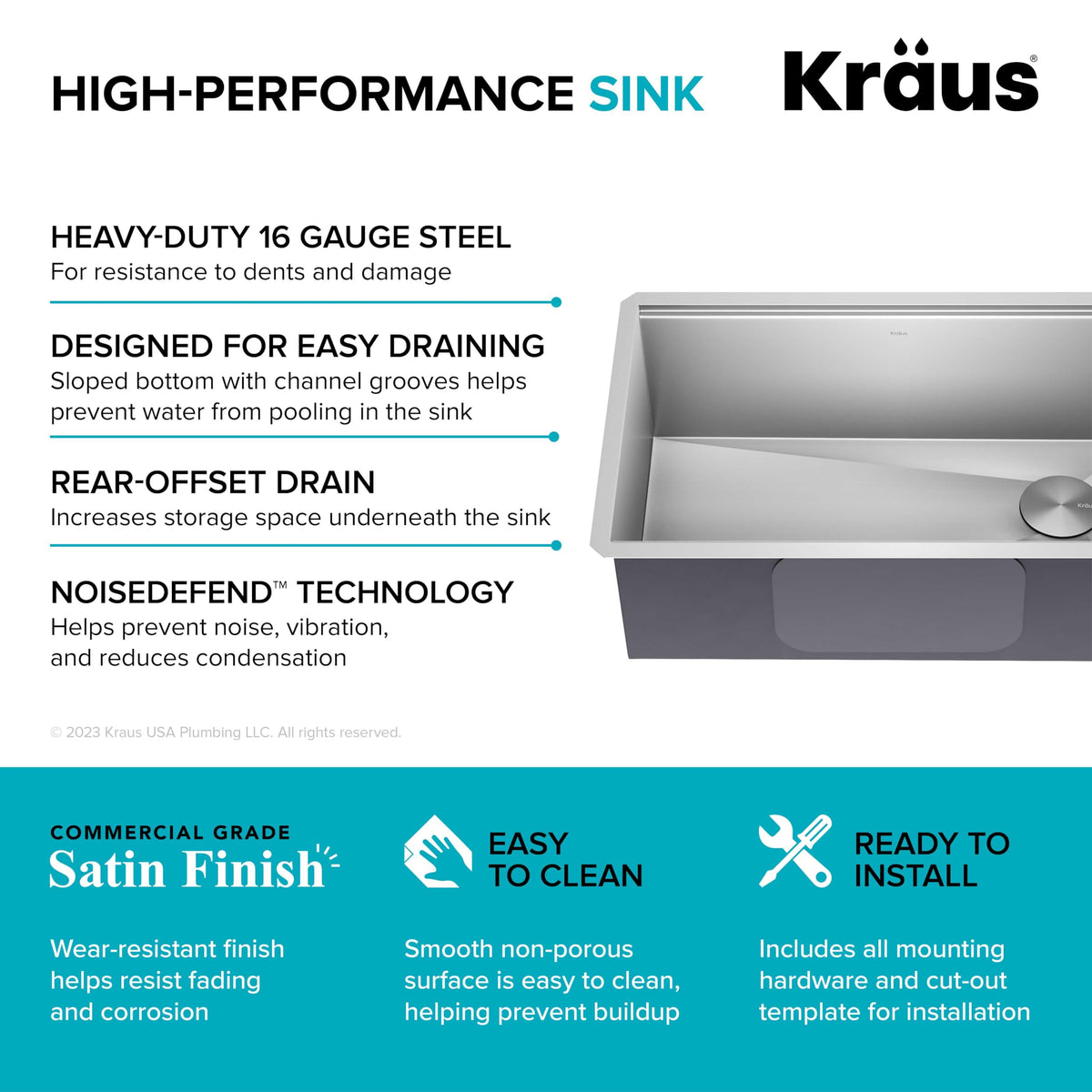 Kraus Kore Workstation channel grooves promote fast drainage