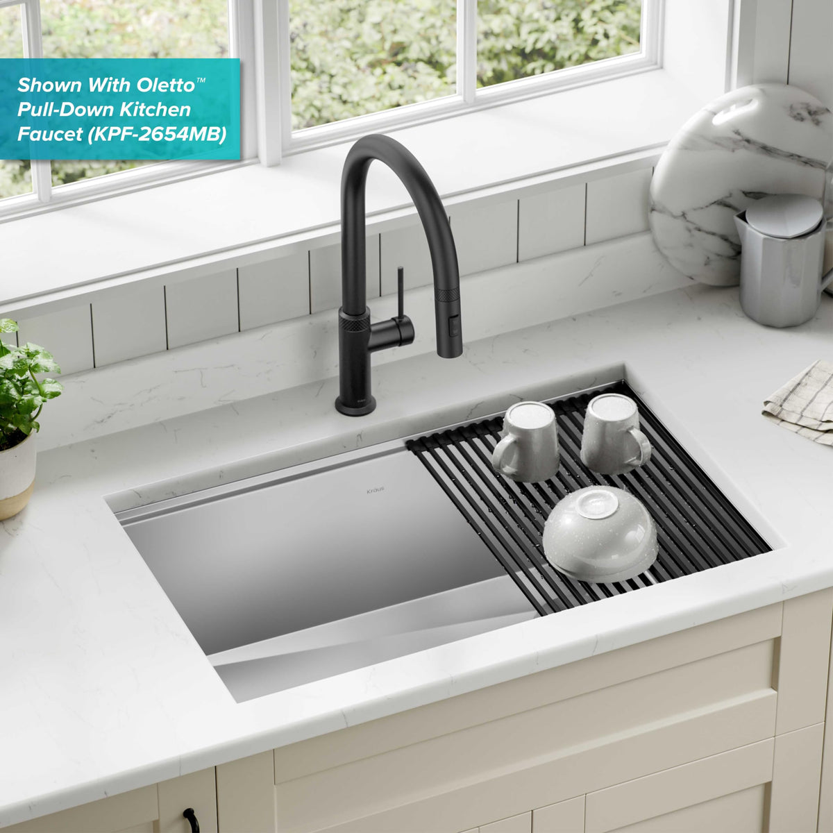 Kraus Kore Workstation roll-up dish rack keeps drying dishes tidy