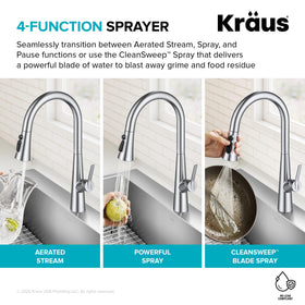 Kraus Odelia 4-function controls include stream, spray, pause, and CleanSweep.