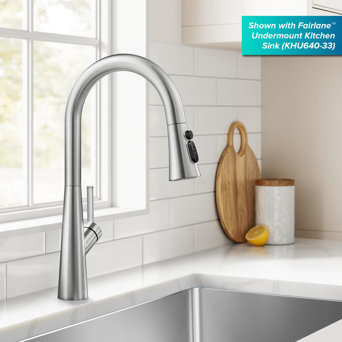 Kraus Odelia high-arc spout offers clearance for large pots and pans.