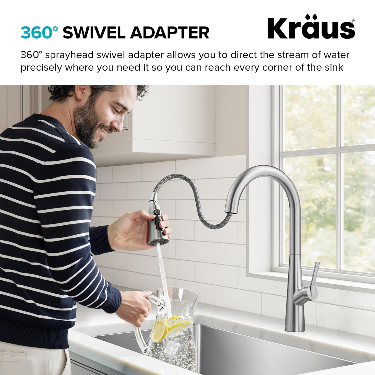 Kraus Odelia Reach Technology extends reach across the sink for full coverage.