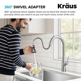 Kraus Odelia Reach Technology extends reach across the sink for full coverage.
