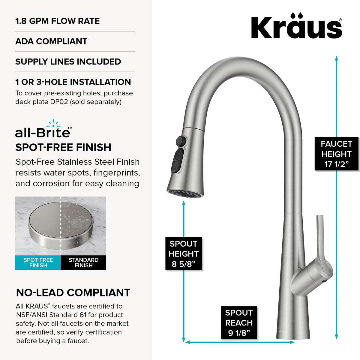 Kraus Odelia spot-free stainless finish resists water spots and fingerprints.