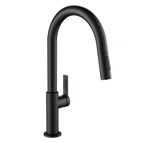 Kraus Oletto matte black faucet front view highlights contemporary design and full 360-degree reach.