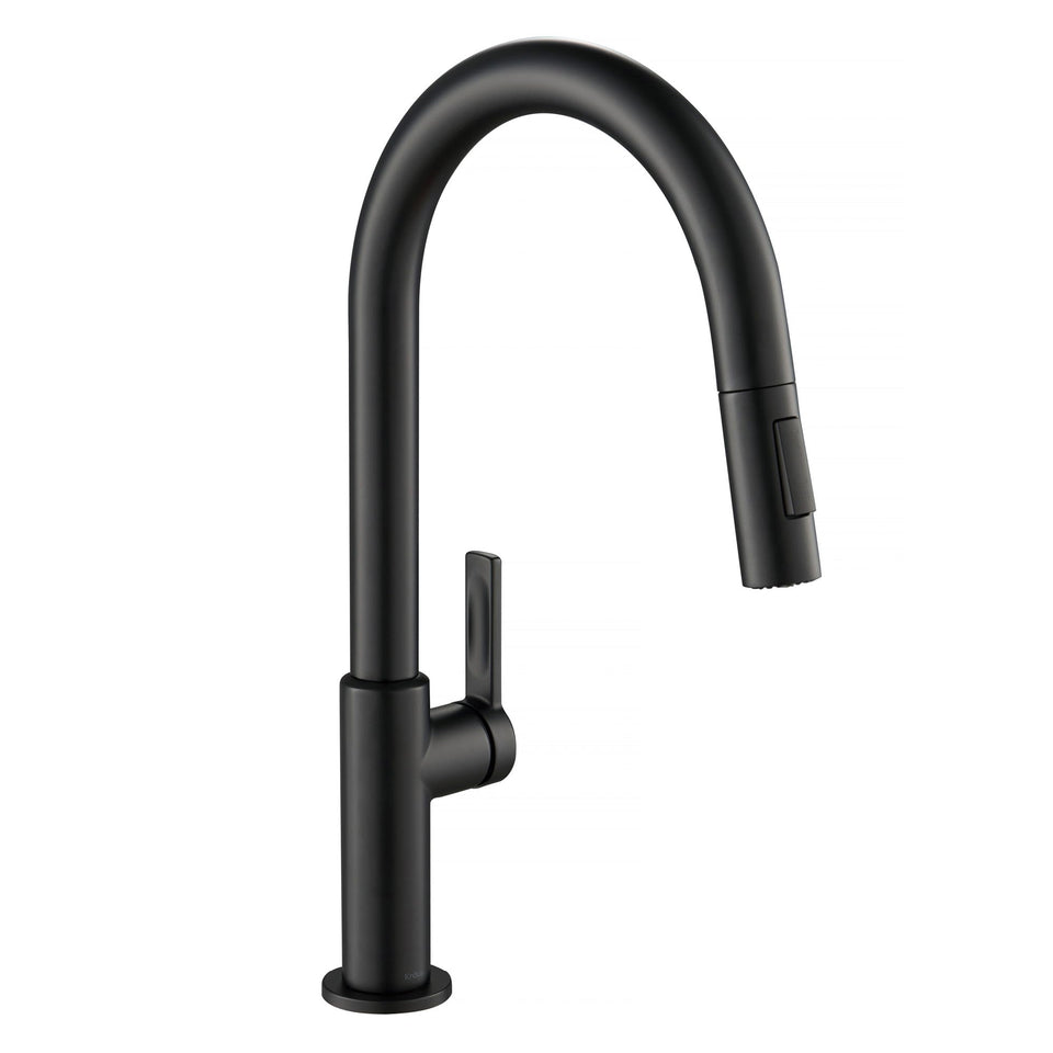 Kraus Oletto matte black faucet front view highlights contemporary design and full 360-degree reach.