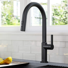 Kraus Oletto matte black faucet side angle showcases compact footprint and sleek profile.