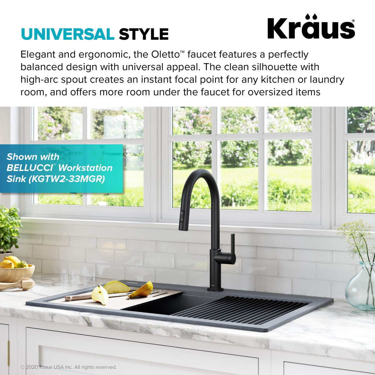 Kraus Oletto spray head close-up emphasizes Reach Technology for easy maneuvering.