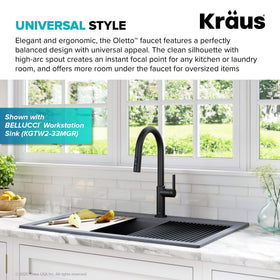 Kraus Oletto spray head close-up emphasizes Reach Technology for easy maneuvering.
