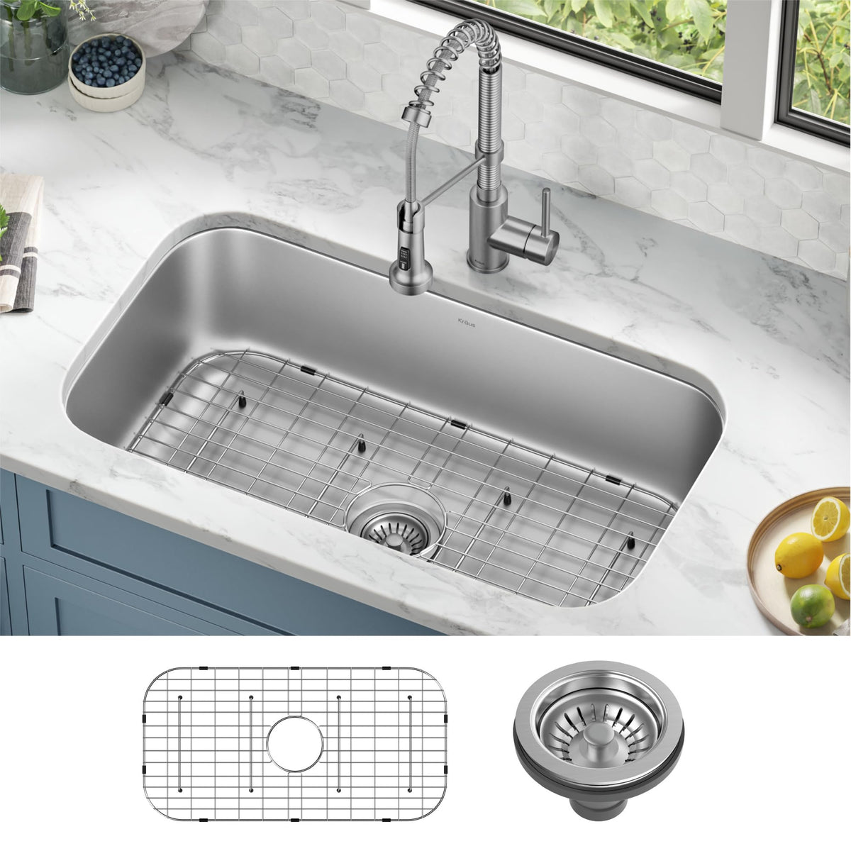 Kraus Premier 32 3/8 Inch Undermount 18-Gauge Stainless Steel Kitchen Sink KBU44 with Bottom Grid