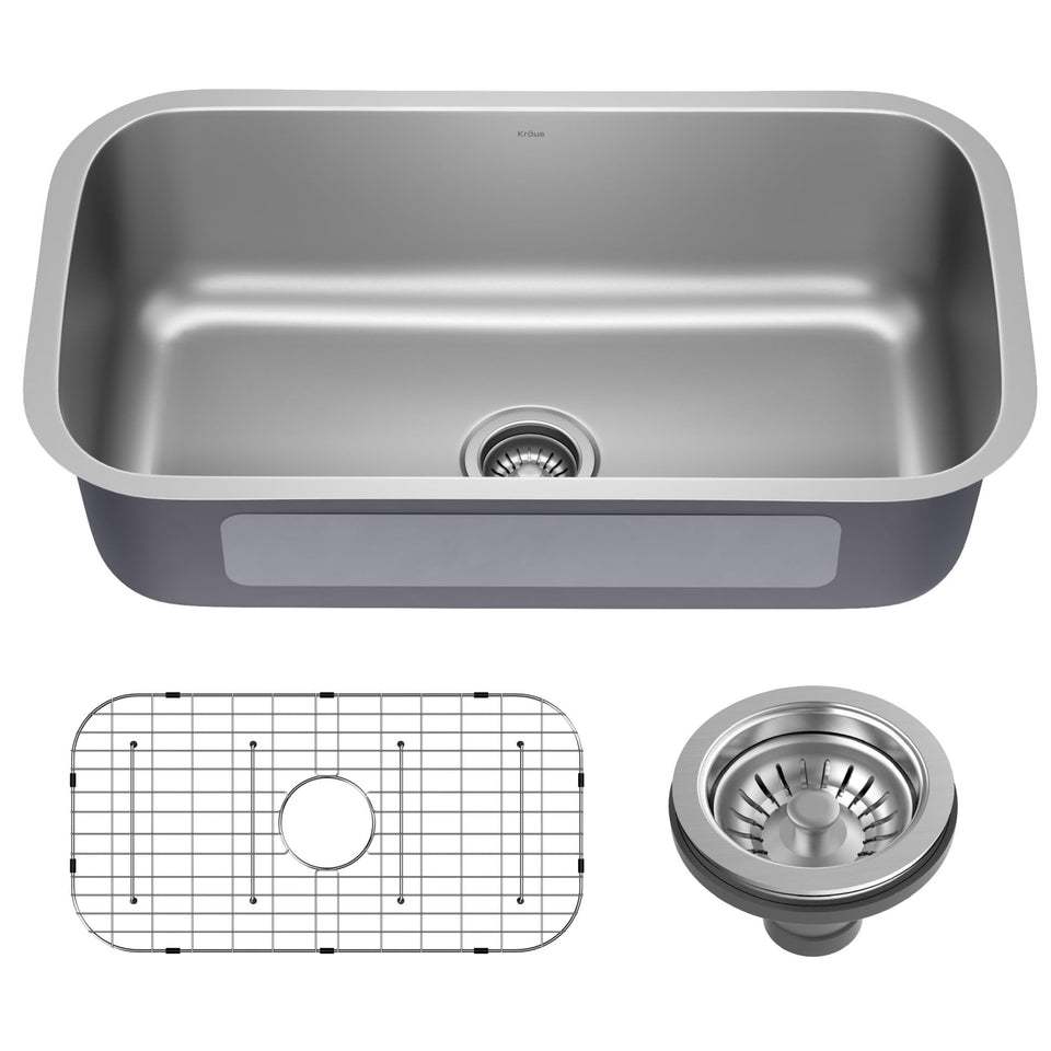 Kraus Premier 32 3/8 Inch Undermount 18-Gauge Stainless Steel Kitchen Sink KBU44 with Bottom Grid
