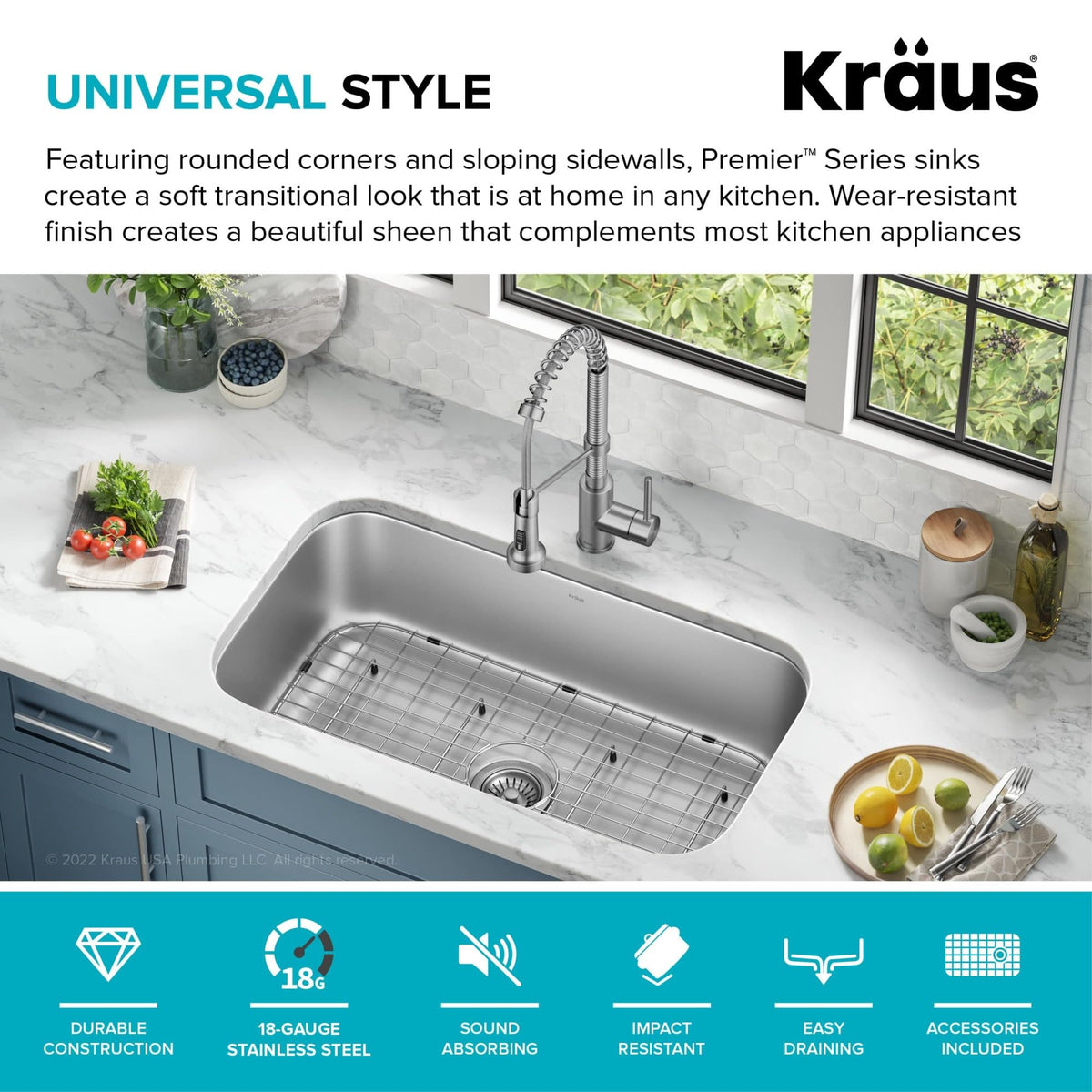 Kraus Premier 32 3/8 Inch Undermount 18-Gauge Stainless Steel Kitchen Sink KBU44 with Bottom Grid