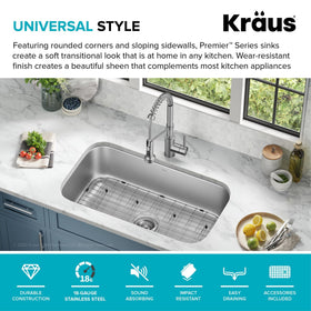 Kraus Premier 32 3/8 Inch Undermount 18-Gauge Stainless Steel Kitchen Sink KBU44 with Bottom Grid
