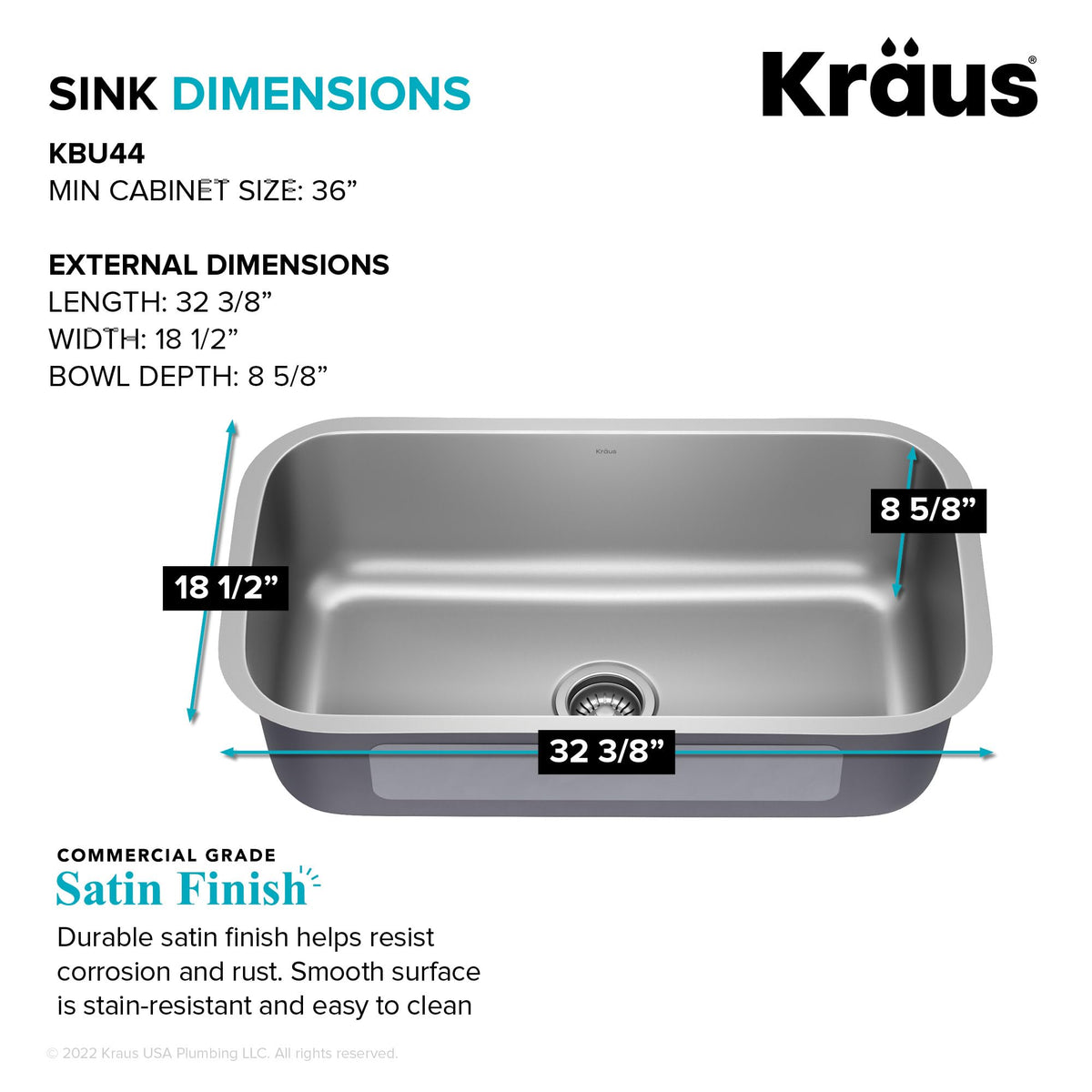 Kraus Premier 32 3/8 Inch Undermount 18-Gauge Stainless Steel Kitchen Sink KBU44 with Bottom Grid