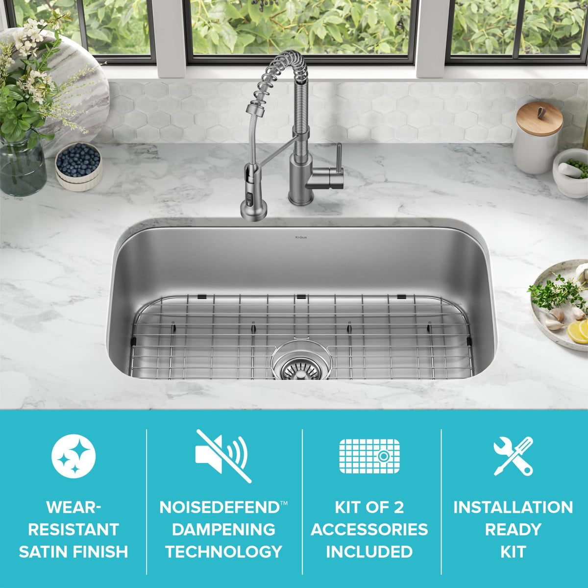 Kraus Premier 32 3/8 Inch Undermount 18-Gauge Stainless Steel Kitchen Sink KBU44 with Bottom Grid