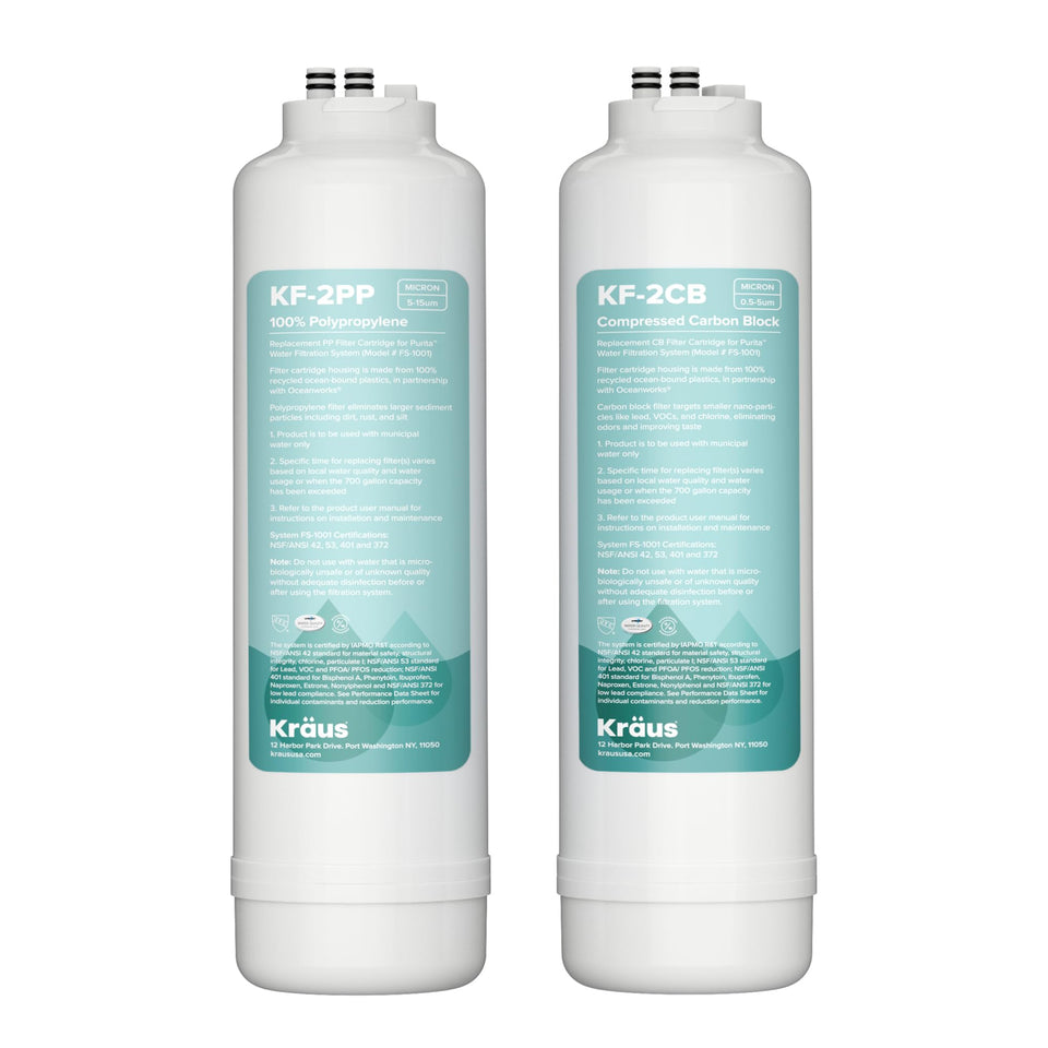 Kraus Purita carbon block and polypropylene filters in a replacement cartridge set for clean taste