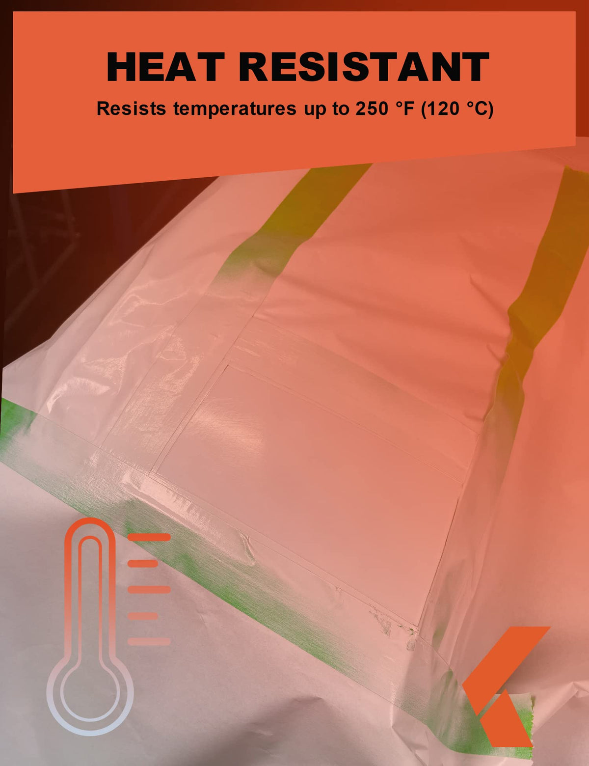 Tape in a heat booth at 120°C demonstrating flexibility and heat resistance.